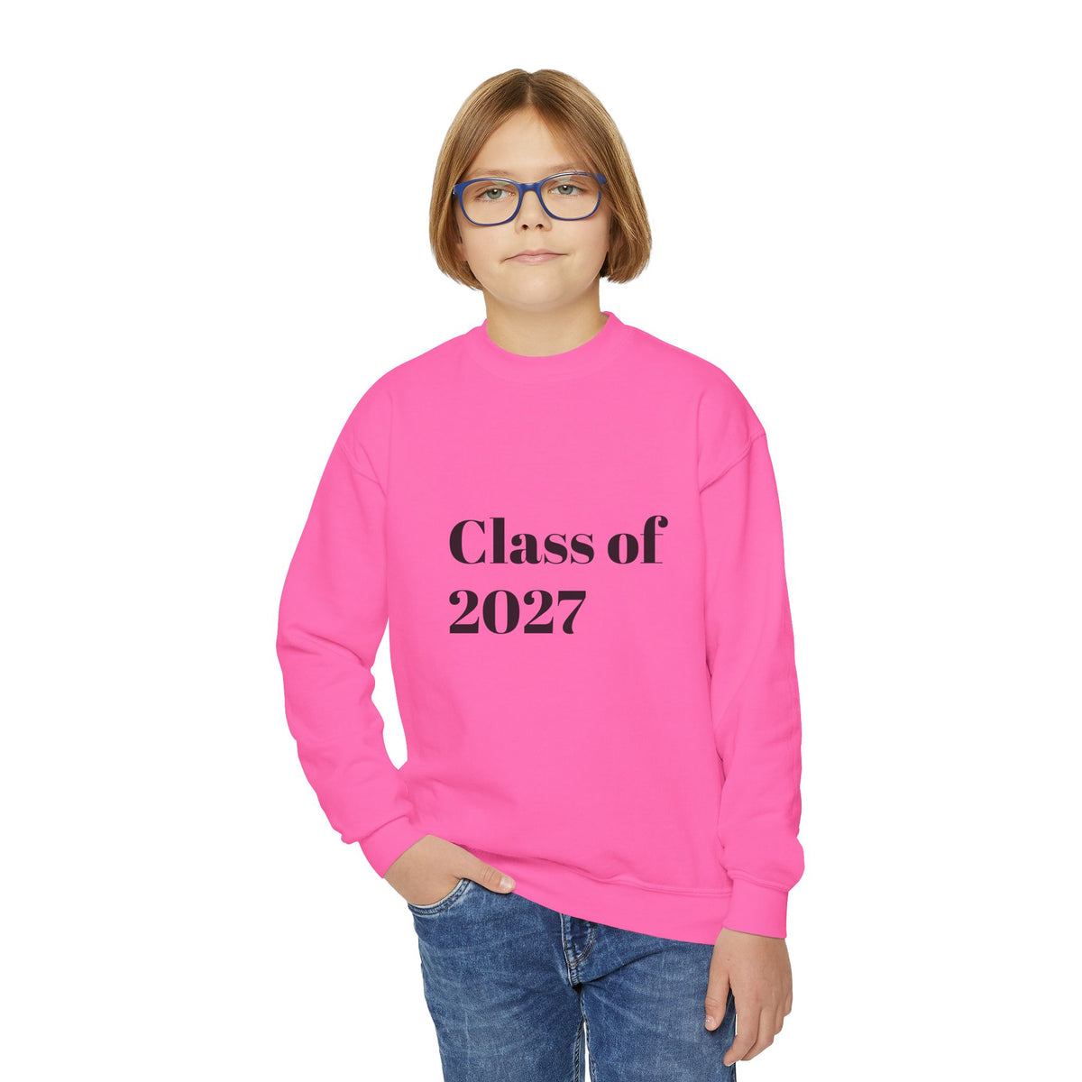 Class of 2027 Youth Crewneck — Pink "Senior" Hello Kitty Graduation Sweatshirt